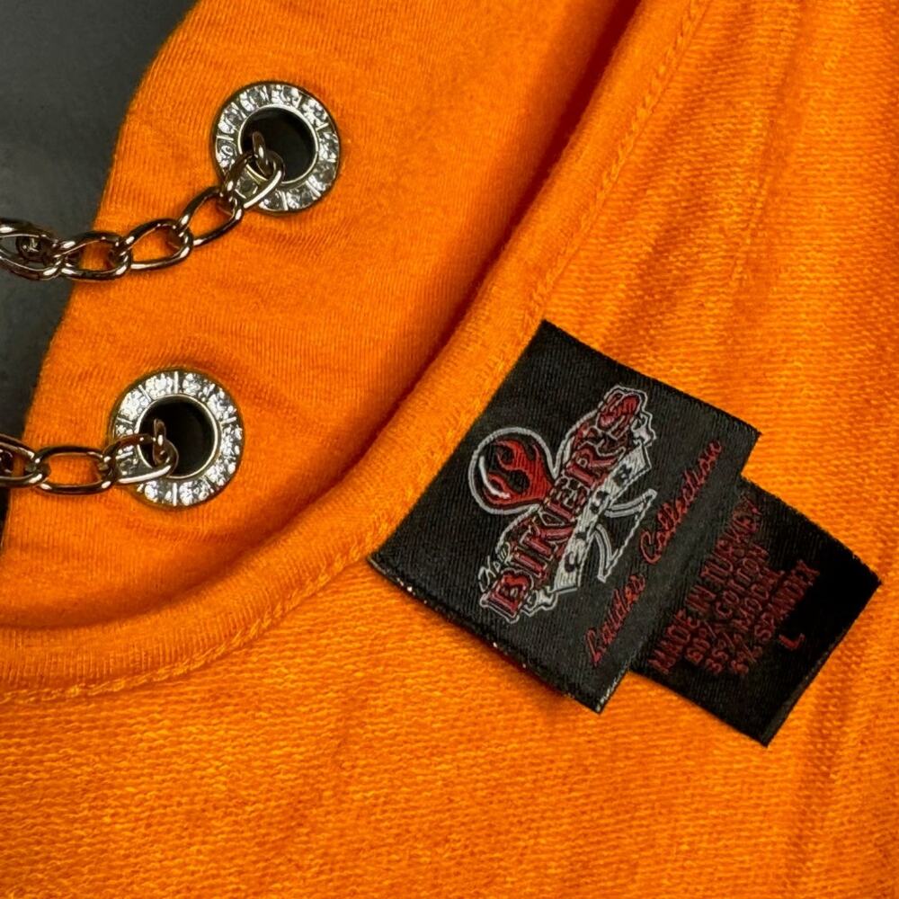 Biker's Club Large Tank Top Orange Ruffle Chain Deep V Open Back Rhinestone - Picture 2 of 5